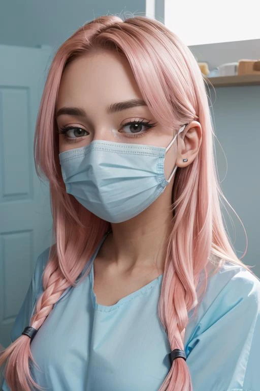 <lora:Shubble:.7>, simple background, upper body, at front, portrait, <lora:GoodHands-vanilla:0.8> better_oppai,  Neon Pink blouse, long hair, 
The face is partially obscured by a light blue surgical mask, covering the nose and mouth. The mask fits snugly against the skin, with the top edge resting just below the eyes and the bottom edge extending to cover the chin. The mask's pleats allow for comfortable breathing, and the ear loops secure it in place.