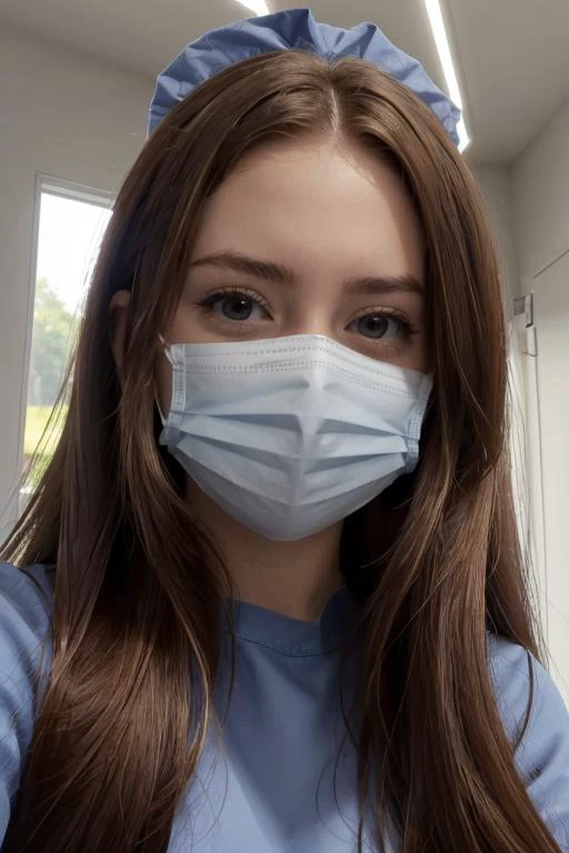 <lora:Kelly:.7>, simple background, upper body, at front, portrait, <lora:GoodHands-vanilla:0.8> better_oppai, Electric Blue blouse, long hair,
The face is partially obscured by a surgical mask, covering the nose and mouth. The mask fits snugly against the skin, with the top edge resting just below the eyes and the bottom edge extending to cover the chin. The mask has pleats for comfortable breathing and ear loops to secure it in place.
