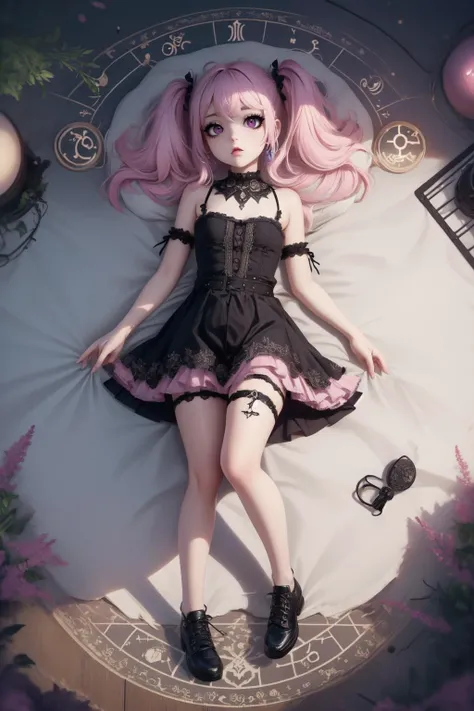 breathtaking full shot, full body, 1girl, from above, magic circle on the floor, <lora:edgPastelGothFashionv1:0.45> edgPastelGoth, pink outfit, wearing edgPastelGoth <lora:snak3platf0rm:0.4> snak3platf0rm eyeliner5 EyeDetail HairDetail <lora:water-a-e-style-darquelilly-v1:1> waterastrologystyle <lora:egirlmakeup:0.3> egirlmakeup, masterpiece, award-winning, professional, highly detailed
