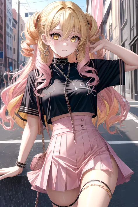 1girl, solo, female focus, long wavy hair, honey blonde hair, medium breasts, young woman, happy expression, yellow eyes, hair between eyes, ringlet curls, long hair, best quality, masterpiece, highres,,edgPastelGoth,pink outfit,chain skirt,wearing edgPastelGoth, <lora:add_detail:0.72>   <lora:edgPastelGothFashionv1:0.7>