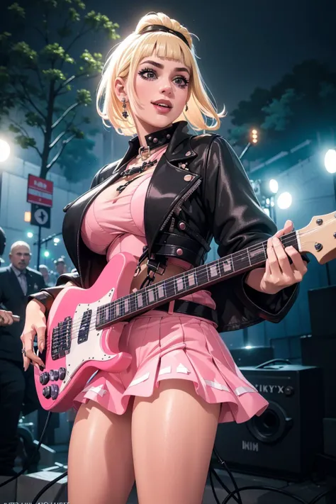 realisticlying，Face Real、18 year old girl、Jazz guitar、guitarrist、Turtleneck Tight Fit Long Sequin Dresswear、Versatile sexy poses、Cleavage emphasis、Jazz Hall、60s Hairstyles Blonde Hair、sexly、Face smile