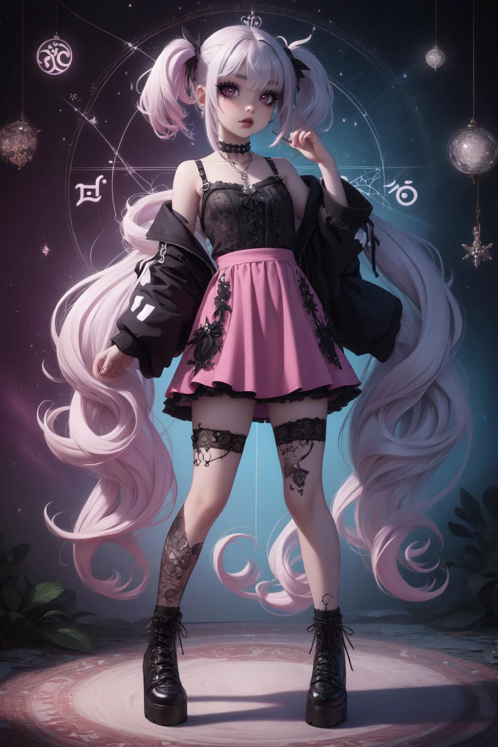breathtaking full shot, full body, 1girl, <lora:edgPastelGothFashionv1:0.4> edgPastelGoth, pink outfit, wearing edgPastelGoth <lora:snak3platf0rm:0.2> snak3platf0rm eyeliner5 EyeDetail HairDetail <lora:water-a-e-style-darquelilly-v1:0.7> waterastrologystyle <lora:egirlmakeup:0.4> egirlmakeup, masterpiece, award-winning, professional, highly detailed