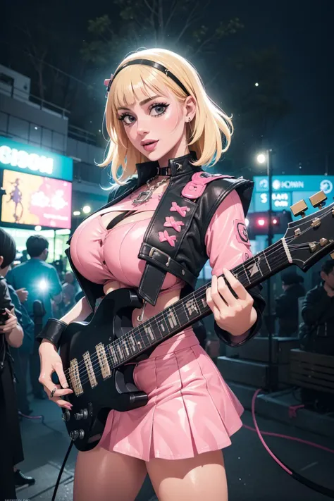((Masterpiece, best quality,edgQuality)), (detailed background, cowboy shot, playing electric guitar, park, guitar, outdoors, stage), (beautiful detailed face), high contrast, (best illumination), ((cinematic light)), colorful, hyper detail, dramatic light, intricate details, 1girl, <lora:anime_guitarv1:0.8>, smiling, excited, (big boobs) edgPastelGoth, a blonde woman in a pink outfit and a chain skirt ,wearing edgPastelGoth <lora:edgPastelGothFashionv1:0.8>, <lora:bursting_breasts:1>,