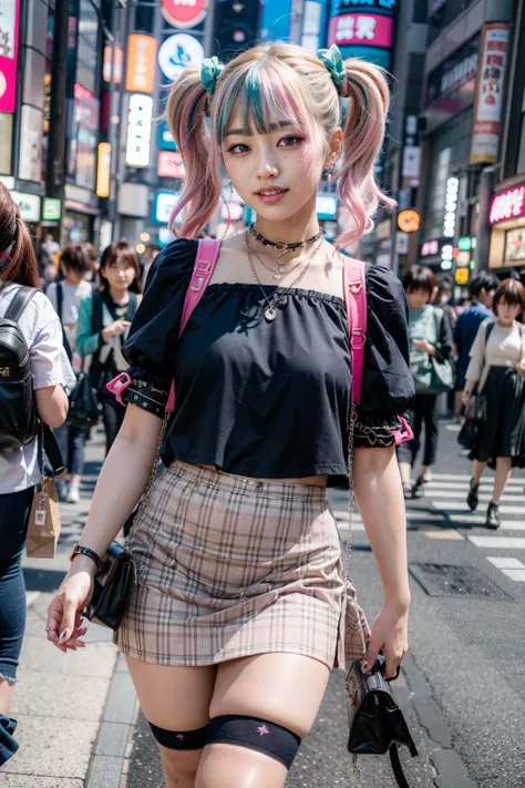 (realistic:1.3), finely detailed, quality, rembrandt lighting, (masterpiece:1.2), (photorealistic:1.2), (best quality), (detailed skin:1.3), (intricate details), dramatic, ray tracing, 1girl, japanese girl, 21 years old, detailed skin texture, (blush:0.5), (goosebumps:0.5), subsurface scattering, smiling, medium breasts, high twintails hair, short hair, bangs, hair between eyes, edgPastelGoth, pink outfit, puffy sleeves, short sleeves, chain skirt, tiered skirt, frills, wearing edgPastelGoth, cowboy shot, (bright sunny day, tokyo, harajuku, neon signs, shops, city),  <lora:edgPastelGothFashionv1:0.8>