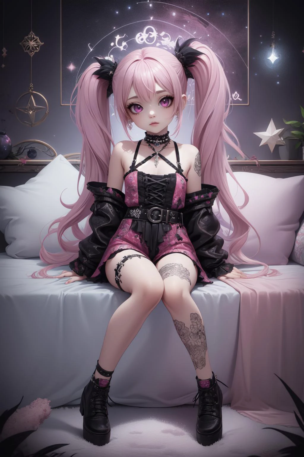 breathtaking full shot, full body, 1girl, <lora:edgPastelGothFashionv1:0.6> edgPastelGoth, pink outfit, wearing edgPastelGoth <lora:snak3platf0rm:0.4> snak3platf0rm eyeliner5 EyeDetail HairDetail <lora:water-a-e-style-darquelilly-v1:0.7> waterastrologystyle, masterpiece, award-winning, professional, highly detailed