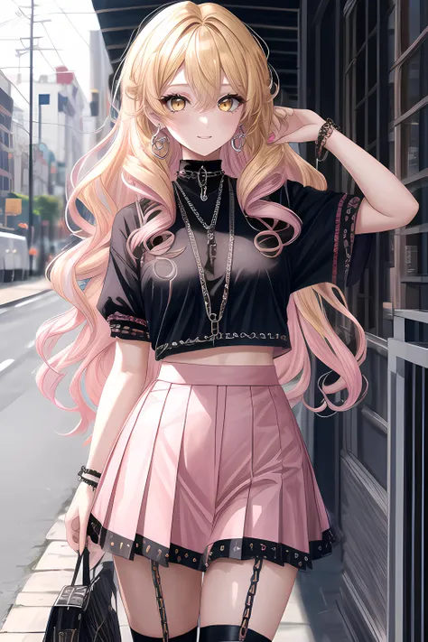 1girl, solo, female focus, long wavy hair, honey blonde hair, medium breasts, young woman, happy expression, yellow eyes, hair between eyes, ringlet curls, long hair, best quality, masterpiece, highres,,edgPastelGoth,pink outfit,chain skirt,wearing edgPastelGoth, <lora:add_detail:0.72> <lora:edgPastelGothFashionv1:0.7>