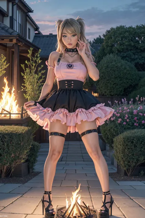 realistic analog photo, award winning photo, 
NataliaForrest, 
<lora:edgPastelGothFashionv1:0.75> wearing edgPastelGoth, pink outfit, chain skirt, 
palace garden, firepit, ambient light, nighttime,   ,
high-quality, crisp, sharp, professional-grade, high-resolution, fine detail, accurate colors, low noise, fast shutter speed, wide dynamic range, precise focus, RAW, highres, 8k, uhd, High Dynamic Range, tonemapping, crisp details,