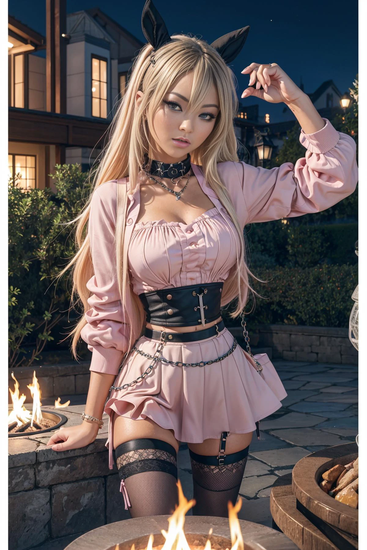 realistic analog photo, award winning photo,
NataliaForrest,
<lora:edgPastelGothFashionv1:0.75> wearing edgPastelGoth, pink outfit, chain skirt,
palace garden, firepit, ambient light, nighttime, ,
high-quality, crisp, sharp, professional-grade, high-resolution, fine detail, accurate colors, low noise, fast shutter speed, wide dynamic range, precise focus, RAW, highres, 8k, uhd, High Dynamic Range, tonemapping, crisp details,