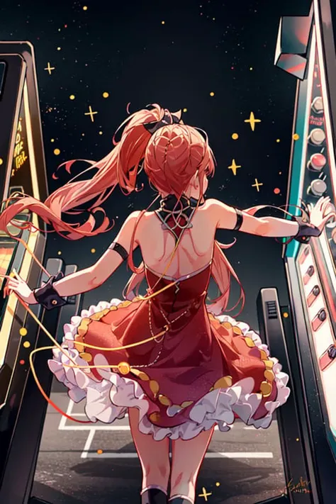 pmmmKyouko, 1girl, solo, cowboy shot, from above, (detailed shiny anime style eyes), flat chest, detailed textures, neon lights, (dancing on an arcade dancing machine), aesthetic, intricate, neon lights, sharp focus, <lora:KyoukoSakura:1>