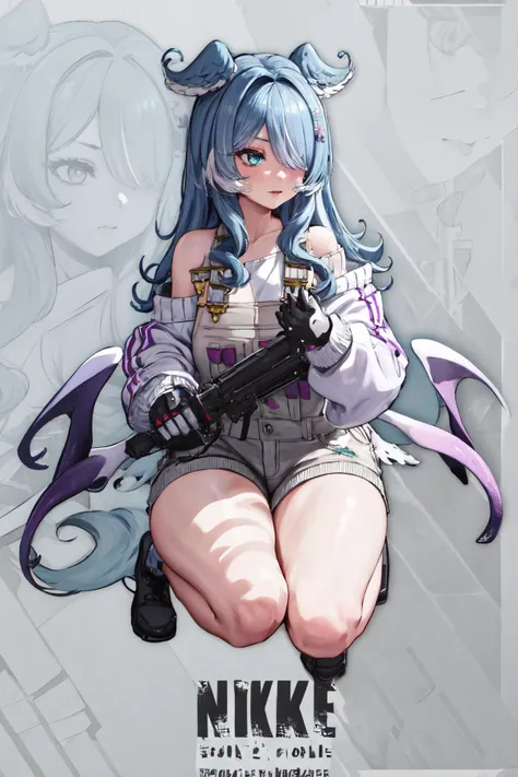 1girl, <lora:NikkeProfile:1> IncrsNikkeProfile, full body, zoom layer, holding weapon, holding gun, one knee, <lora:eliraPendora-09:1> elira1st, long sleeves, overalls, white sweater, off shoulder, grey gloves, one eye covered, overall shorts, wings, wide hips, thick thighs, huge thighs