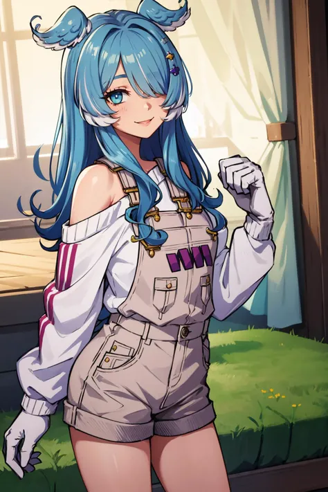 masterpiece, best quality, <lora:eliraPendora-09:1> elira1st, long sleeves, overalls, white sweater, off shoulder, grey gloves, one eye covered, overall shorts, cowboy shot, smile