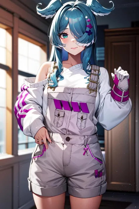 masterpiece, (detailed, highres, best quality), 1girl, elira1st, long sleeves, overalls, white sweater, off shoulder, grey gloves, one eye covered, overall shorts <lora:eliraPandora:1>