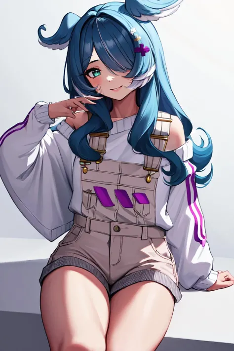 (teens girl,人物,校服,Gradient Long Hair+lightblue hair+Purple hair ends+Red Half-rimmed Glasses+Purple eye:1.2,White T-shirt+Blue super shorts,White over-the-knee stockings, Expressions are confident and static)