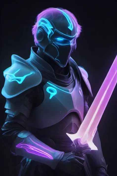 <lora:PE_SpectralStyle:1> PESpectral,glow,neon,sci-fi,future
knight,plate armor,holding a laser sword,helmet