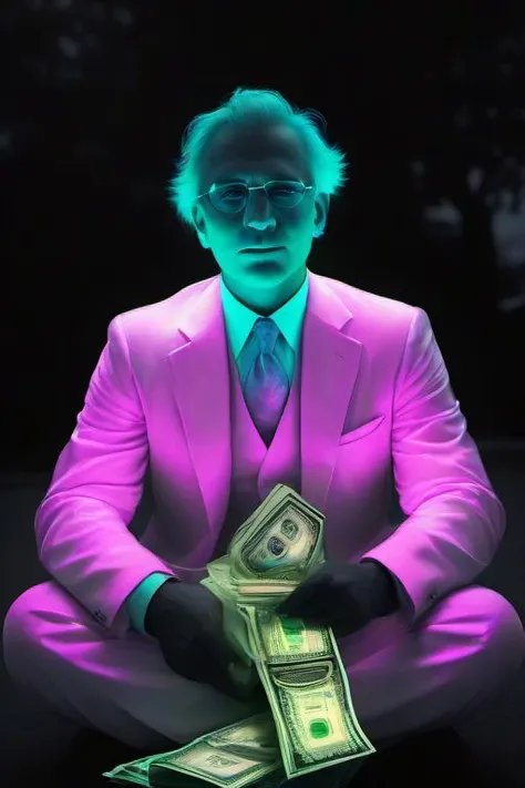 <lora:PE_SpectralStyle:1> PESpectral,glow,
portrait of wallstreet banker,sitting on pavement,holding cash dollar bills