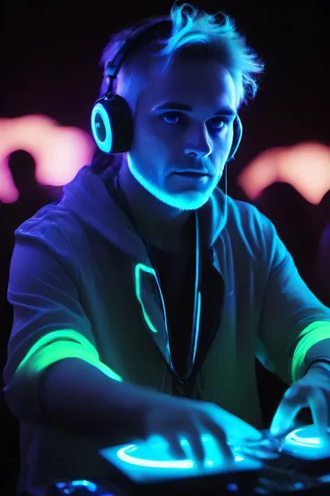 <lora:PE_SpectralStyle:1> PESpectral,glow,
portrait of dj,at festical,dj table,night,edm