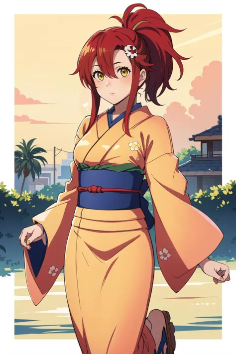 (masterpiece, best quality),  intricate details,
1girl,   <lora:yokolittnertest:0.8> yoko littner, hair between eyes, hair ornament, high ponytail, (large breasts:1.2), long hair, red hair, sidelocks, skull hair ornament, (yellow eyes:1.5), 
 <lora:taeshimura-nvwls-v1:0.8> pink kimono, sash, floral print, sandals,