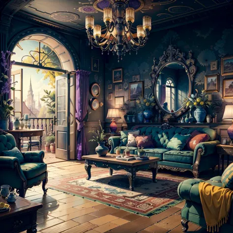 masterpiece, absurdres, extremely detailed, <lora:Madeofdelftwareai:0.6>, madeofdelftwareai, (black delftware, brown delftware, purple delftware, green delftware, blue delftware, red delftware, yellow delftware), living room, day, volumetric lighting,