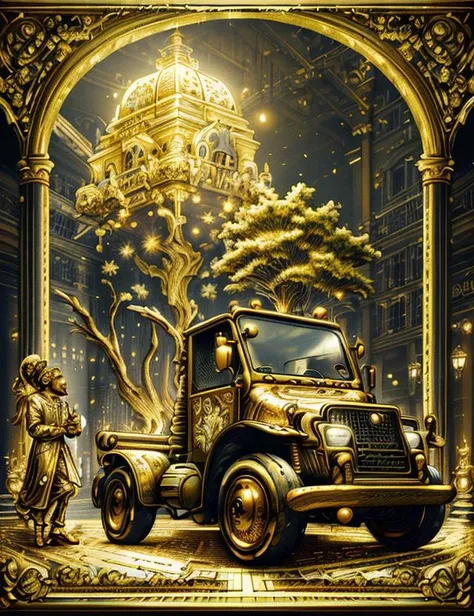 ((best quality)), ((masterpiece)), ((realistic,digital art)), (hyper detailed),madeofdelftwareai Medium Forklift,   Hazard Lights,   Brass, Organic, Champagne Gold, , octane rendering, raytracing, volumetric lighting, Backlit,Rim Lighting, 8K, HDR,  <lora:Madeofdelftwareai:1>