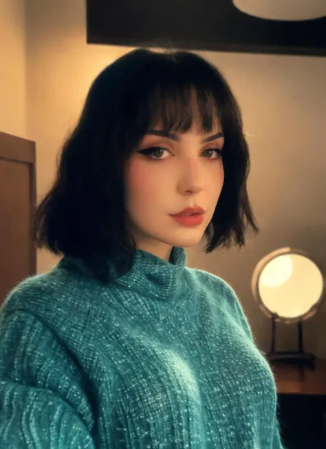 photo of 1girl, thechadx2, wearing Tunic sweater, looking at viewer, highly detailed, film grain, cinematic lighting, glamour photoshoot, <lora:thechadx2:0.78>, <lora:quickfix:0.8>