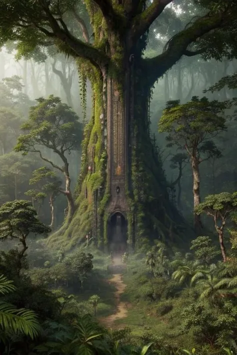 mana tree, (giant tree), magical forest, nature, liana, rainforest, overgrown, vibrant green, amazing details, natural lighting, volumetric fog, no humans, <lora:PopoloroisMonogatariBackground:0.8>