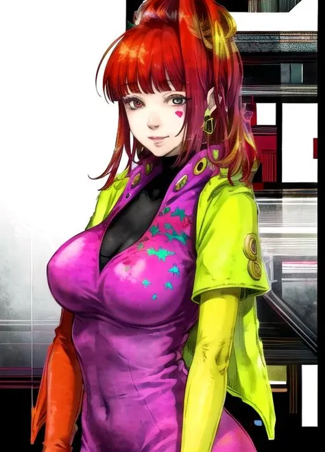 1girl, illustration, ((best quality)), ((masterpiece)), (detailed), sq, red hair,, black turtleneck, jewelry,, neon pink bodysuit,, earrings,, makeup,, turtleneck,, jacket,, red right glove,, yellow left glove,, purple eyes,, neon pink dress,, heart,, neon green jacket,, blunt bangs,, large breasts,, facial mark, smile, random pose, extremely detailed CG unity 8k wallpaper, huge filesize, ultra-detailed, highres, <lora:SQ-10:0.7>, <lora:animeoutlineV4_16:0.7>, lineart, masterpiece, best quality, highres, 4k, ultra-detailed, beautiful detailed face, beautiful detailed eyes