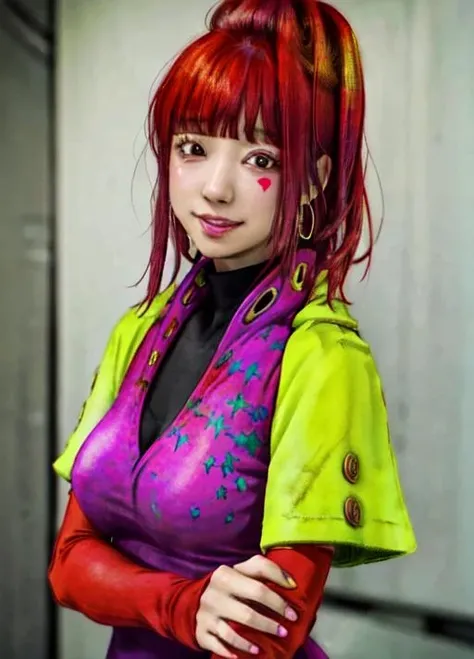 1girl, illustration, ((best quality)), ((masterpiece)), (detailed), sq, red hair,, black turtleneck, jewelry,, neon pink bodysuit,, earrings,, makeup,, turtleneck,, jacket,, red right glove,, yellow left glove,, purple eyes,, neon pink dress,, heart,, neon green jacket,, blunt bangs,, large breasts,, facial mark, smile, random pose, extremely detailed CG unity 8k wallpaper, huge filesize, ultra-detailed, highres, <lora:SQ-10:0.75>, masterpiece, best quality, highres, 4k, ultra-detailed, beautiful detailed face, beautiful detailed eyes