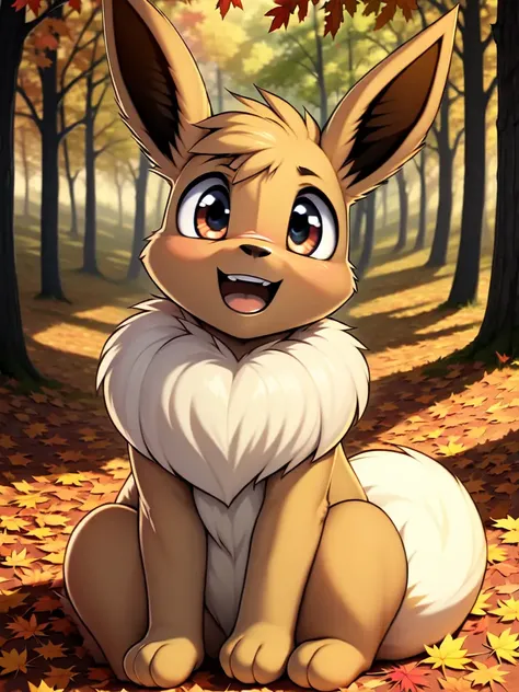 Eevee, Eevee tail, Eevee ears, smile, open mouth, (sitting:1.1), looking at viewer, autumn, forest, trees, <lora:Eevee V1:0.7>