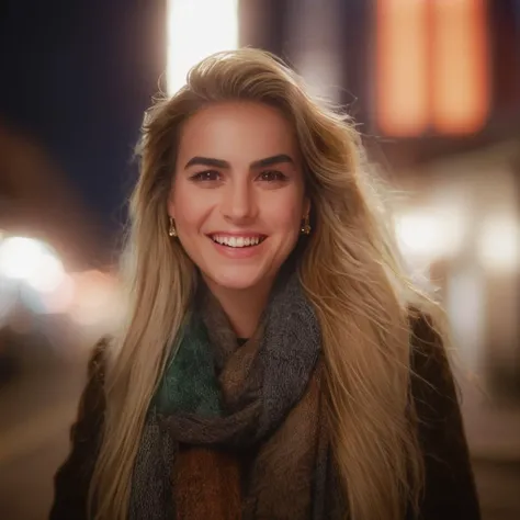 UHD, 4k, ultra detailed, cinematic, a photograph of <lora:diffused light style:1>
A Diffused light of a woman smiling in a city at night,1girl,solo,long hair,looking at viewer,smile,open mouth,blonde hair,brown hair,brown eyes,jewelry,upper body,earrings,teeth,scarf,grin,blurry,coat,depth of field,blurry background,thick eyebrows,realistic , realistic, sharp, detailed, classic, 1970's light style, high-key light style, photography, artistic, perfection, diffusion, diffused, soft light, glow, bright, contrast, highlights, halo, glowing ambient light, colorful, cinematic, filmic, high quality photo, diffused light style, epic, beautiful lighting, inpsiring
