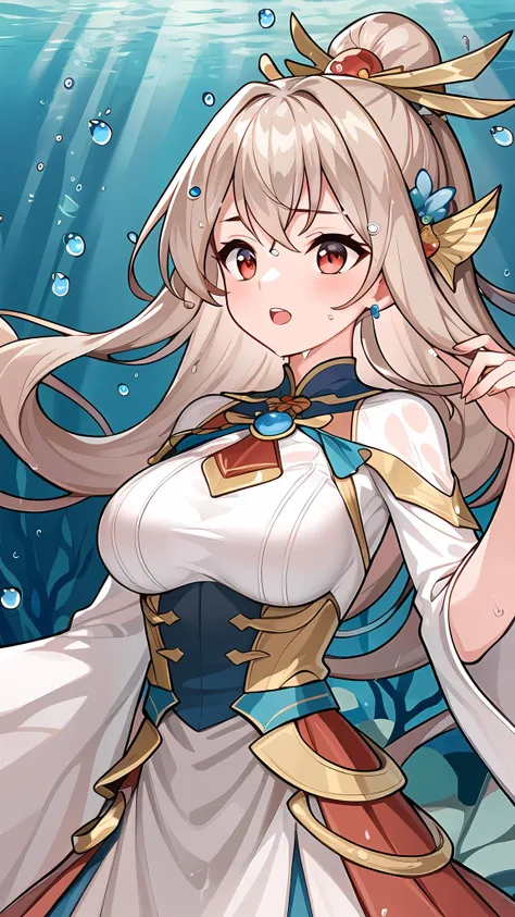 (((masterpiece))),(extremely detailed 8k wallpaper),(((best quality))),(best illumination, best shadow),(best illustration),<lora:hs-000022:0.6>,solo,(1girl:1.2),red_eyes,beige hair,long_hair,[very long hair:0.8],on back,dress,jewelry,hair_ornament,no hands,(long_sleeves:0.7),(wide_sleeves:0.6),upper_body,dynamic_angle,ai is sb,ai is sb,(underwater:1.2),seashell,seaweed,((water drops)),wet clothes,((beautiful detailed water)),((floating)),