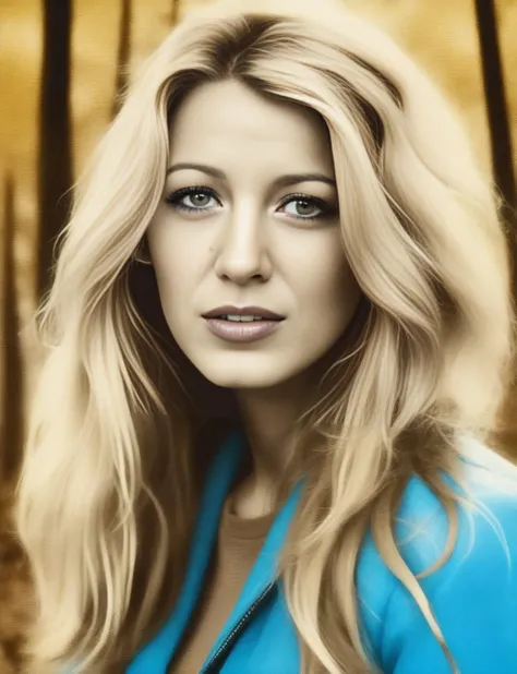 BlakeLively, portrait,close up of a Serbian Female, Alhambresque Blonde hair, autumn forest, Bokeh, Rough sketch, 60s Art, Sepia filter, dripping with DayGlo blue, poster art, <lora:BlakeLivelySDXL:1>