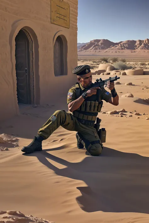 fantchar, a futuristic military soldier with a gun in combat in a desert town, adobe buildings, realistic, highly detailed, intricate, call of duty