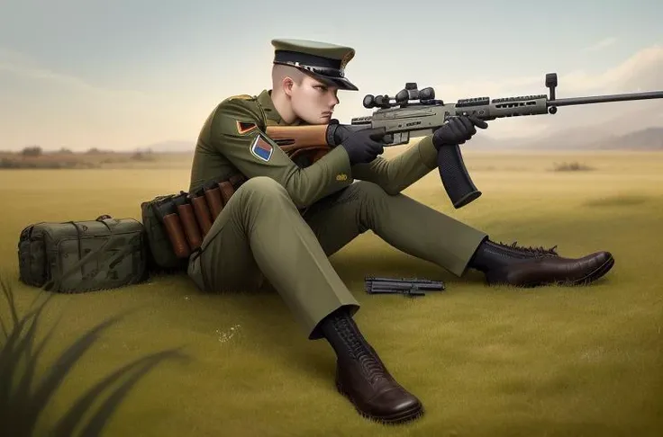gun, weapon, rifle, 1boy, uniform, grass, military, military_uniform, sleeves_rolled_up, male_focus