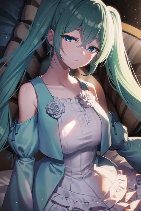 margaritablankenheim, <lyco:margaritablankenheim-lyco-nochekaiser:1>,
margarita blankenheim, aqua eyes, aqua hair, long hair, twintails, <lora:sleepy_v100:1>,
BREAK aqua dress, bare shoulders, clothing cutout, collarbone, dress, frilled dress, frills, long dress, shoulder cutout, wide sleeves,
BREAK cowboy shot, looking at viewer,
BREAK indoors, bed,
BREAK <lyco:GoodHands-beta2:1>, (masterpiece:1.2), best quality, high resolution, unity 8k wallpaper, (illustration:0.8), (beautiful detailed eyes:1.6), extremely detailed face, perfect lighting, extremely detailed CG, (perfect hands, perfect anatomy),