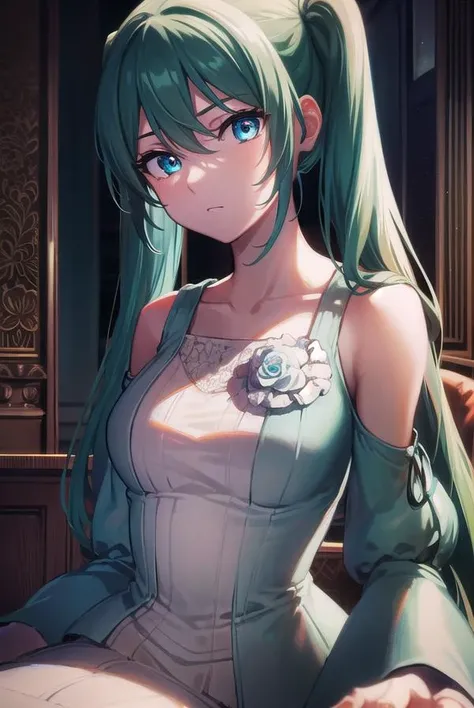 margaritablankenheim, <lyco:margaritablankenheim-lyco-nochekaiser:1>,
margarita blankenheim, aqua eyes, aqua hair, long hair, twintails,
BREAK aqua dress, bare shoulders, clothing cutout, collarbone, dress, frilled dress, frills, long dress, shoulder cutout, wide sleeves,
BREAK cowboy shot, looking at viewer,
BREAK indoors, bed,
BREAK <lyco:GoodHands-beta2:1>, (masterpiece:1.2), best quality, high resolution, unity 8k wallpaper, (illustration:0.8), (beautiful detailed eyes:1.6), extremely detailed face, perfect lighting, extremely detailed CG, (perfect hands, perfect anatomy),