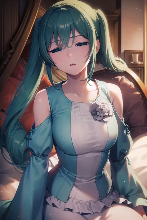 margaritablankenheim, <lyco:margaritablankenheim-lyco-nochekaiser:1>,
margarita blankenheim, aqua eyes, aqua hair, long hair, twintails, <lora:hotarueye_comic3_type2:1>,
BREAK aqua dress, bare shoulders, clothing cutout, collarbone, dress, frilled dress, frills, long dress, shoulder cutout, wide sleeves,
BREAK cowboy shot, looking at viewer,
BREAK indoors, bed,
BREAK <lyco:GoodHands-beta2:1>, (masterpiece:1.2), best quality, high resolution, unity 8k wallpaper, (illustration:0.8), (beautiful detailed eyes:1.6), extremely detailed face, perfect lighting, extremely detailed CG, (perfect hands, perfect anatomy),