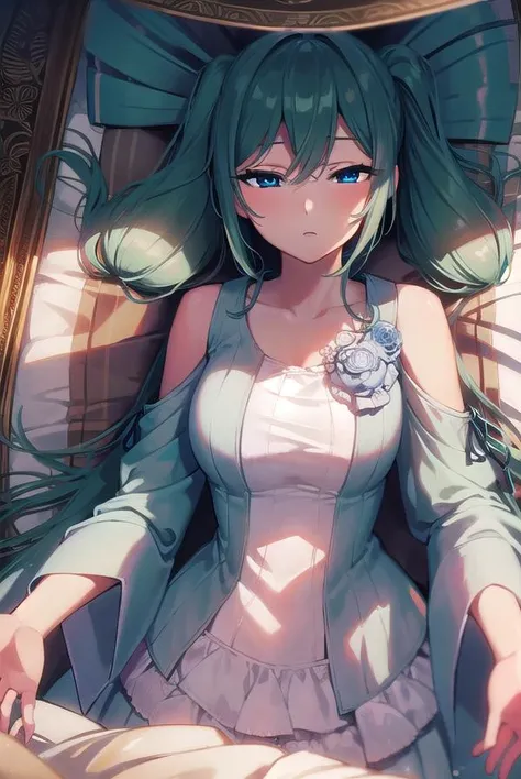 margaritablankenheim, <lyco:margaritablankenheim-lyco-nochekaiser:1>,
margarita blankenheim, aqua eyes, aqua hair, long hair, twintails, <lora:sleepy_v100:1>,
BREAK aqua dress, bare shoulders, clothing cutout, collarbone, dress, frilled dress, frills, long dress, shoulder cutout, wide sleeves,
BREAK cowboy shot, looking at viewer,
BREAK indoors, bed,
BREAK <lyco:GoodHands-beta2:1>, (masterpiece:1.2), best quality, high resolution, unity 8k wallpaper, (illustration:0.8), (beautiful detailed eyes:1.6), extremely detailed face, perfect lighting, extremely detailed CG, (perfect hands, perfect anatomy),