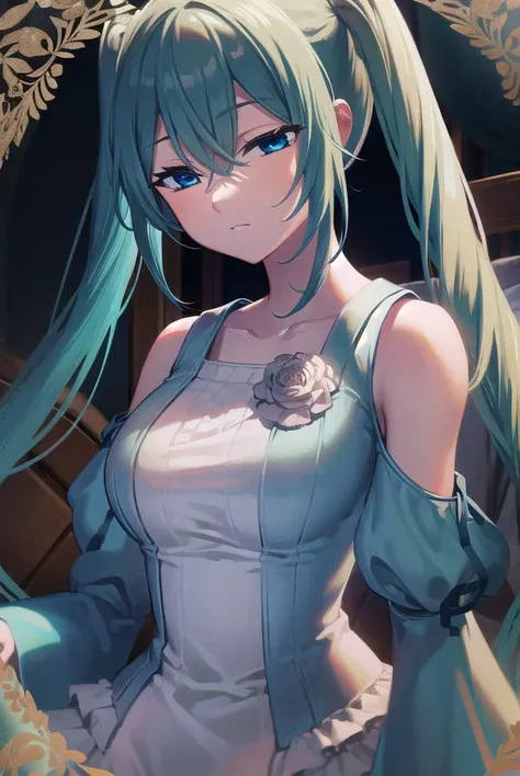 margaritablankenheim, <lyco:margaritablankenheim-lyco-nochekaiser:1>,
margarita blankenheim, aqua eyes, aqua hair, long hair, twintails, <lora:sleepy_v100:1>,
BREAK aqua dress, bare shoulders, clothing cutout, collarbone, dress, frilled dress, frills, long dress, shoulder cutout, wide sleeves,
BREAK cowboy shot, looking at viewer,
BREAK indoors, bed,
BREAK <lyco:GoodHands-beta2:1>, (masterpiece:1.2), best quality, high resolution, unity 8k wallpaper, (illustration:0.8), (beautiful detailed eyes:1.6), extremely detailed face, perfect lighting, extremely detailed CG, (perfect hands, perfect anatomy),