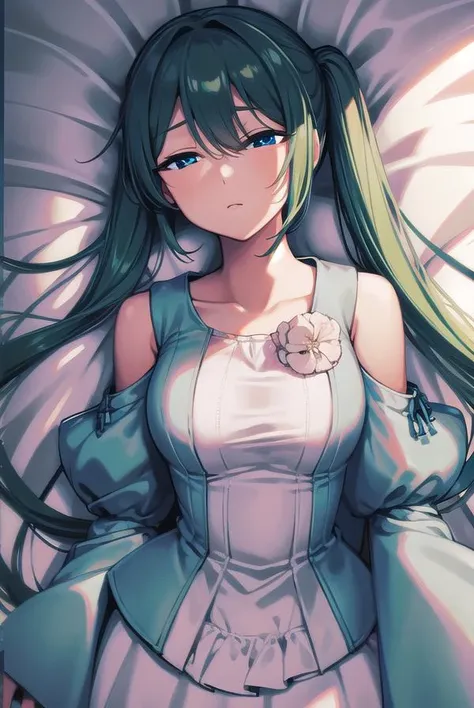 margaritablankenheim, <lyco:margaritablankenheim-lyco-nochekaiser:1>,
margarita blankenheim, aqua eyes, aqua hair, long hair, twintails, <lora:sleepy_v100:1>,
BREAK aqua dress, bare shoulders, clothing cutout, collarbone, dress, frilled dress, frills, long dress, shoulder cutout, wide sleeves,
BREAK cowboy shot, looking at viewer,
BREAK indoors, bed,
BREAK <lyco:GoodHands-beta2:1>, (masterpiece:1.2), best quality, high resolution, unity 8k wallpaper, (illustration:0.8), (beautiful detailed eyes:1.6), extremely detailed face, perfect lighting, extremely detailed CG, (perfect hands, perfect anatomy),