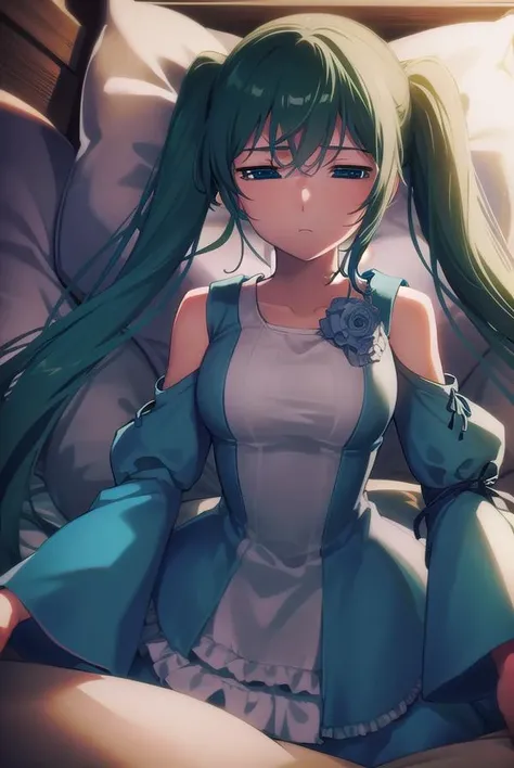 margaritablankenheim, <lyco:margaritablankenheim-lyco-nochekaiser:1>,
margarita blankenheim, aqua eyes, aqua hair, long hair, twintails, <lora:hotarueye_comic3_type2:1>,
BREAK aqua dress, bare shoulders, clothing cutout, collarbone, dress, frilled dress, frills, long dress, shoulder cutout, wide sleeves,
BREAK cowboy shot, looking at viewer,
BREAK indoors, bed,
BREAK <lyco:GoodHands-beta2:1>, (masterpiece:1.2), best quality, high resolution, unity 8k wallpaper, (illustration:0.8), (beautiful detailed eyes:1.6), extremely detailed face, perfect lighting, extremely detailed CG, (perfect hands, perfect anatomy),