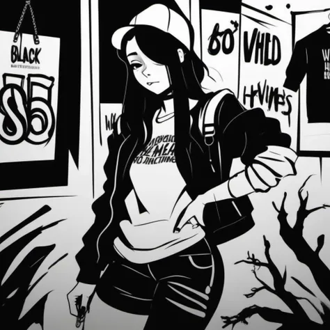 black and white, a woman, streetwear urban clothing <lora:Nila-Telepurte1024-000130:0.8>