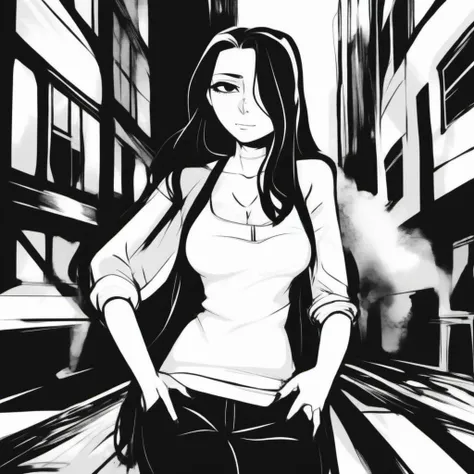 black and white, a woman, urban clothing <lora:Nila-Telepurte1024-000130:0.8>