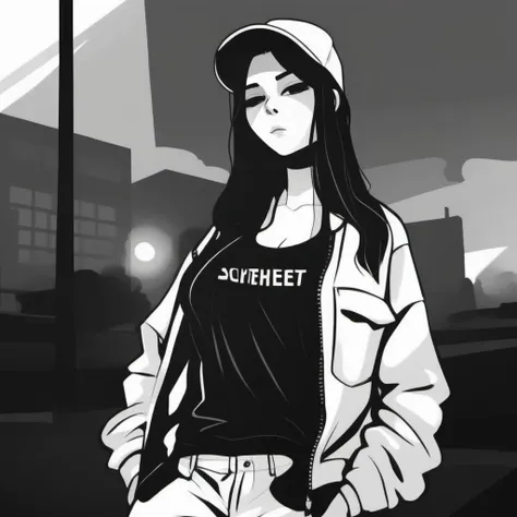 black and white, a woman, streetwear urban clothing  <lora:Nila-Telepurte1024-000130:0.8>