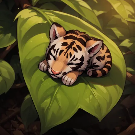 Macro photo of the leaf, and realistic cute extremely tiny baby tiger is sleeping on it. Leafs are basking in the sun. Ultra realistic. Boke