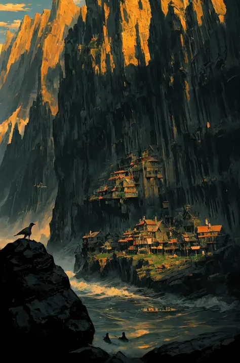 castle, river, mountains, village, birds, <lora:Landscape_Ink-000003:.7>