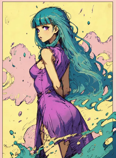 poster, 1girl, aqua hair, arms behind back, bangs, blue hair, blunt bangs, breasts, cowboy shot, dress, long hair, looking at viewer, medium breasts, pink dress, purple eyes, solo, standing, very long hair, yellow background,
<lora:Ink_poster-000004:.9>,