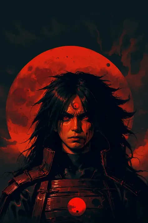 superhero cover book, uchiha madara, long hair, hair over one eye, red eyes, glowing eyes, Mangekyo Sharingan eye, mix of ronin armor and kimono, face closeup, blood moon, <lora:Landscape_Ink-000003:.7> <lora:naruto_uchihamadara-10:0.5>