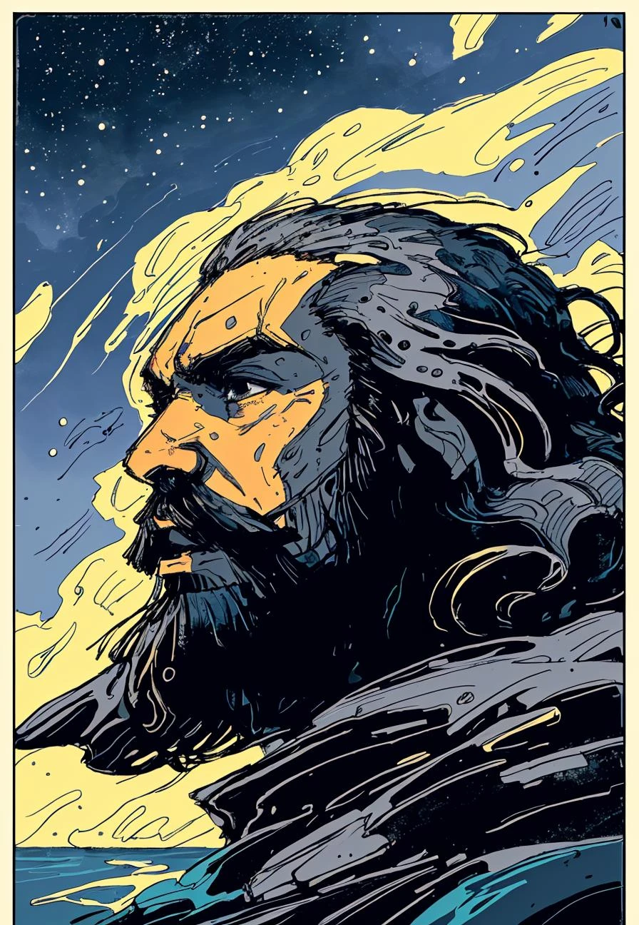 mountain, starry sky, pillarboxed, facial hair, close-up, grey border, bob cut, ocean, hair strand, <lora:Landscape_Ink-000003:.7>