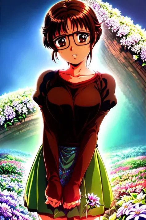 standing on a mountain, flowers, butterflies, beautiful eyes, beautiful girl, high detail skin, high detail eyes, high detail hair, highres, ultra detailed, sharpen picture, Highly detailed, masterpiece, best quality, photorealistic,  <lora:MikaFujisaki001:1> 1girl, solo, mfbackground, background, short hair, glasses, brown hair, brown eyes