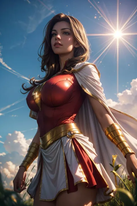 masterpiece, best quality, cinematic, photorealistic, ultra-detailed), (Grace Fulton as Mary Marvel Shazam:1.2), (wide shot, from above, full body:1.2), alluring girl, (voluptuous body, perfect anatomy, sexy body), (glossy red skin, hot and sexy), perfect hands, (large breasts, bursting breasts), (long round legs), (snug red bodysuit, adorned with intricate gold trim along the neckline, sleeves, and leg cuffs. The bodysuit emphasizes her athletic physique while providing the freedom of movement necessary for her heroic exploits. Draped gracefully behind her is a flowing white cape, adding a sense of drama to her appearance as it billows majestically in the wind while she soars through the sky. Positioned proudly at the center of her chest is a prominent golden lightning bolt insignia, symbolizing her connection to the mystical energies that grant her powers. Occasionally, she may wear additional accessories such as a golden belt or wristbands, further enhancing her heroic presence), 